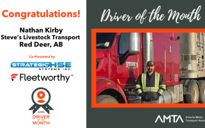 AMTA April 2026 Driver of the Month: Nathan Kirby with Steve’s Livestock Transport. (Red Deer, AB)
